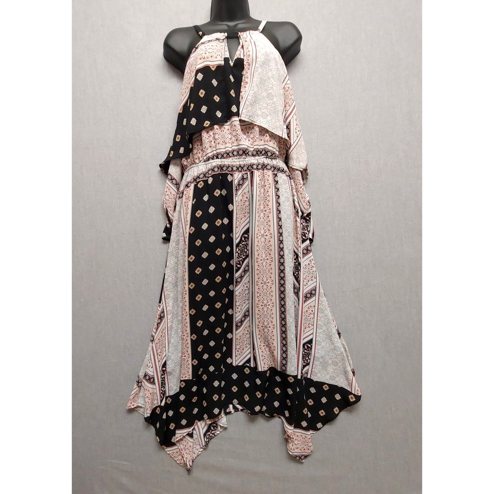 New York &‎ Company Asymmetric Patchwork Maxi Dress M Boho Tie Neck Cape Overlay
